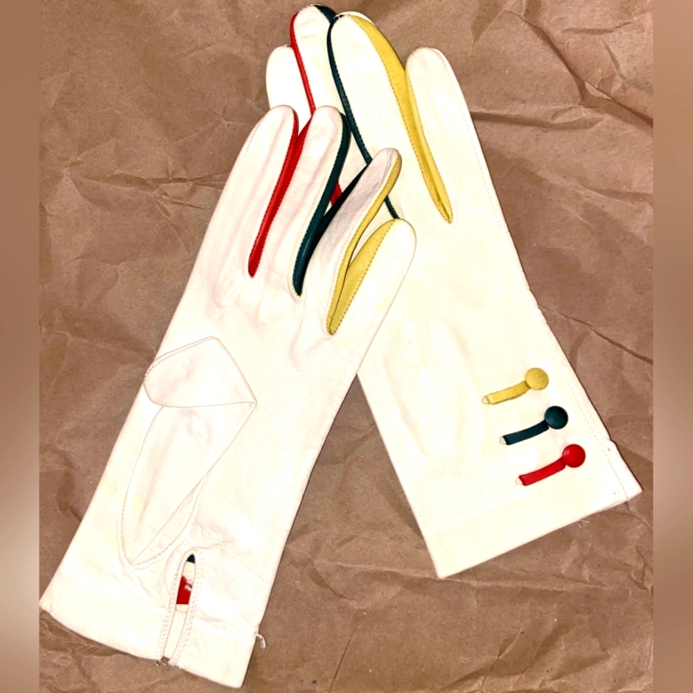 Vintage Cream / White Leather Gloves with bright colored primary color inserts